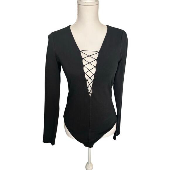 Wilfred free black long sleeve cotton stretch lace up Mayowa bodysuit size L - Picture 1 of 11